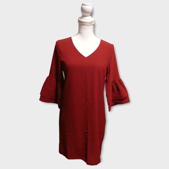 BELONGSCI Red Women's Dress Sweet & Cute V-Neck Bell Sleeve Mini Dress S - Picture 2 of 13